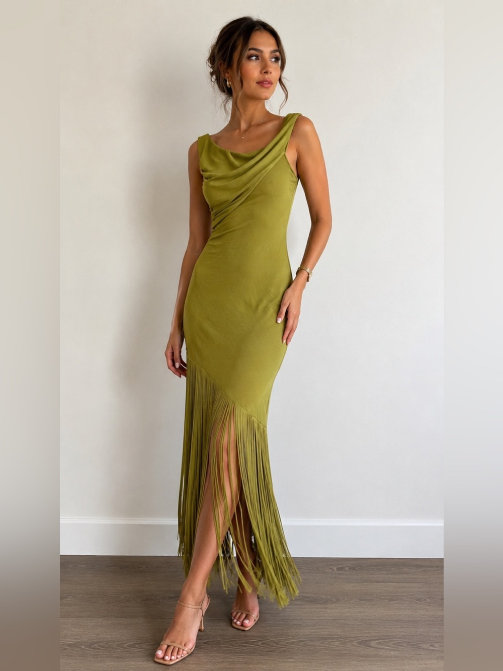 Olive Green Draped Fringe Maxi Dress Size S NWT - Picture 12 of 12